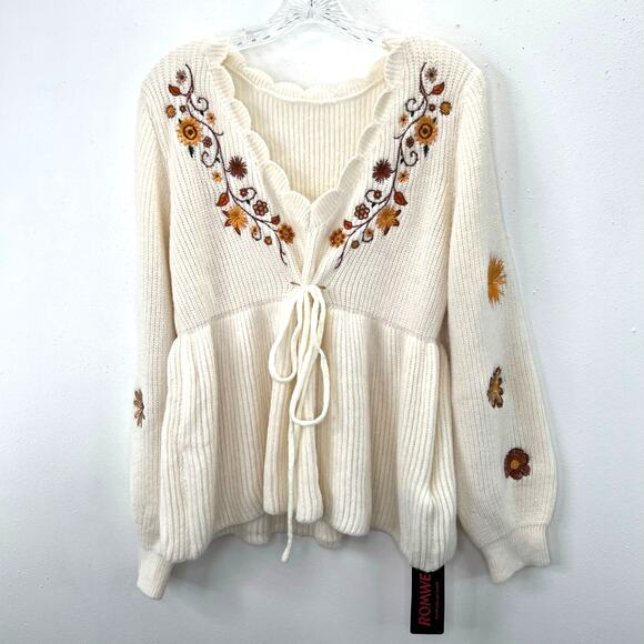 Romwe Boho Floral Drawstring Babydoll Sweater 0XL Beige Embroidered V Neck NWT - Picture 2 of 6